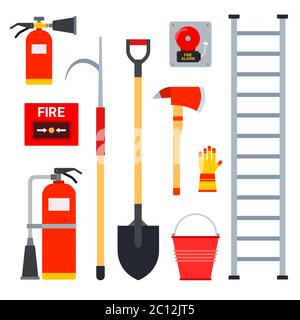 Impostare le icone vettoriali piatte delle attrezzature antincendio. Impianti antincendio isolati su sfondo bianco. Illustrazione Vettoriale