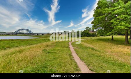 Ponte trafiico grande auto blu ponte IJssel che attraversa il fiume IJssel a Zwolle, Overijssel nei Paesi Bassi. Vista dal parco Het Engels werk. Foto Stock