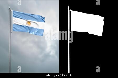 Illustrazione 3d della bandiera di stato della Repubblica Argentina che si muove nel vento al flagpole di fronte ad un cielo nuvoloso con il suo canale alfa Foto Stock