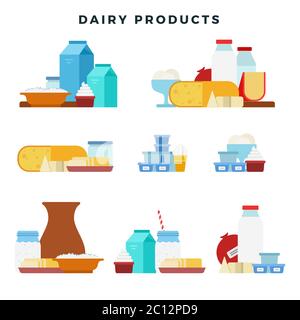 Icone piatte per set vettoriali di prodotti lattiero-caseari. Diversi prodotti caseari tradizionali dal latte. Illustrazione Vettoriale