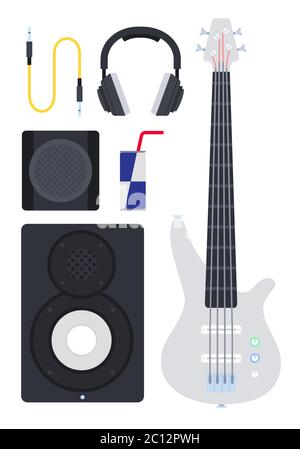 Set di chitarra elettrica, sistema di altoparlanti e cuffie vettoriali in un design piatto. Illustrazione Vettoriale
