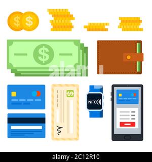 Imposta per varie transazioni finanziarie, contanti e metodi di pagamento senza contanti illustrazione vettoriale Illustrazione Vettoriale