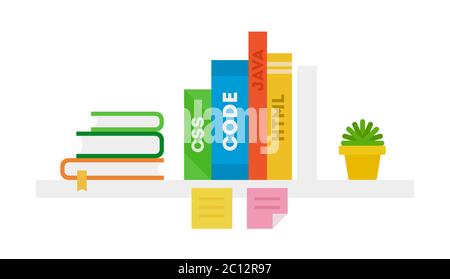 Programmazione di libri con testo CSS, CODICE, JAVA, HTML sullo scaffale vettore illustrazione in un design piatto. Illustrazione Vettoriale