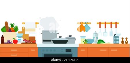 Interni cucina moderna con mobili e elettrodomestici da incasso illustrazione vettoriale in un design piatto. Illustrazione Vettoriale