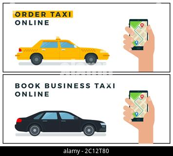 Ordinare il taxi online. Prenotare business taxi online illustrazione vettoriale in stile appartamento. Illustrazione Vettoriale