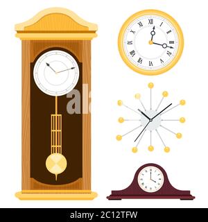 Imposta diversi stili di orologi per le icone vettoriali decorazione interni in un design piatto su bianco. Illustrazione Vettoriale