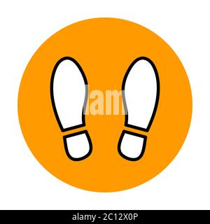 Aspetta qui o Stand Here icona dell'adesivo con contrassegno a pavimento rotondo con un paio di Shoeprints o Footprints. Immagine vettoriale. Illustrazione Vettoriale