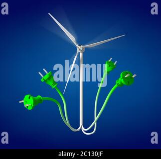 illustrazione 3d della turbina eolica collegata a quattro prese elettriche europee Foto Stock