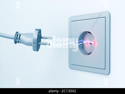 3d illustrazione di una scintilla di corrente tra una spina e una presa di corrente Foto Stock