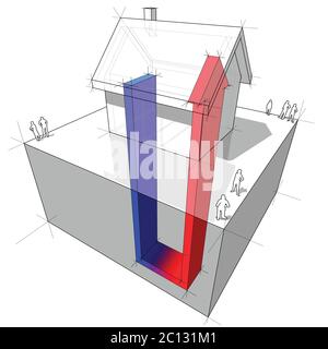 illustrazione 3d di una semplice casa indipendente con schema della pompa di calore geotermica Illustrazione Vettoriale