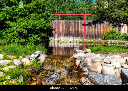 Riflessioni nell'acqua dei giardini botanici Steamboat Spring. Foto di alta qualità Foto Stock