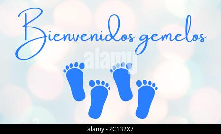 Illustrazione, banner, disegno o scheda con i gemelli di benvenuto scritti in spagnolo. Colori blu per bambini. Adatto per le carte per gli acquazzoni o invita Foto Stock