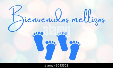 Illustrazione, banner, design o scheda con i gemelli di benvenuto. Colori blu per bambini. Adatto per le schede di acquazzone del bambino o invito. Design carino w Foto Stock