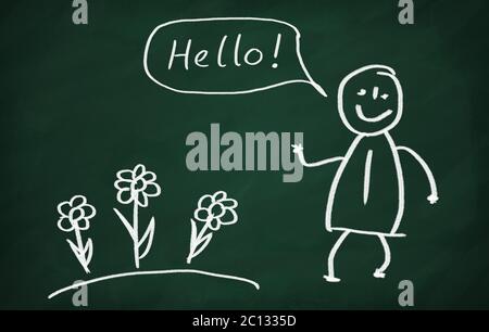Sulla lavagna disegnare caratteri e scrivere Hello Foto Stock