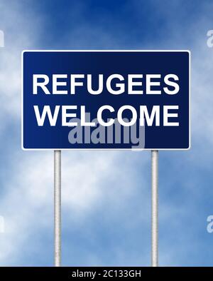 Il cartello stradale simbolo con il testo di benvenuto di rifugiati Foto Stock