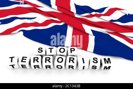 Gran Bretagna bandiera e scrivere fermare il terrorismo. Il rendering 3D. Foto Stock