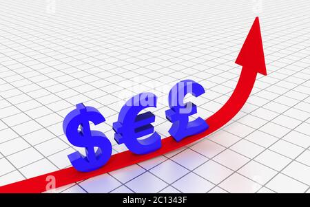 Illustrazione con il dollaro, euro e sterlina inglese e segni. Il rendering 3D. Foto Stock