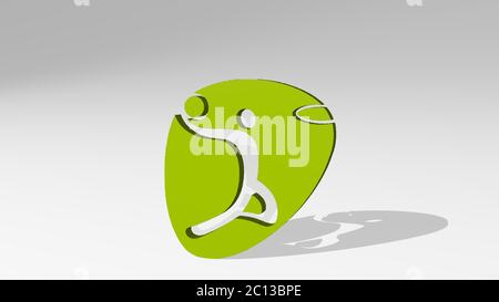 giocatore di basket da una prospettiva sulla parete. Una scultura spessa realizzata in materiali metallici di rendering 3D, calcio e competizione Foto Stock