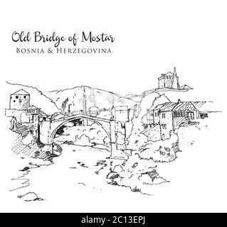 Disegno disegno illustrazione del Ponte Vecchio di Mostar o Stari Most, l'antica struttura ottomana in Bosnia Erzegovina Illustrazione Vettoriale