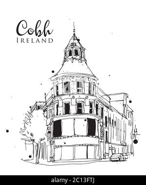 Disegno disegno illustrazione di un angolo di strada a Cobh, Irlanda Illustrazione Vettoriale