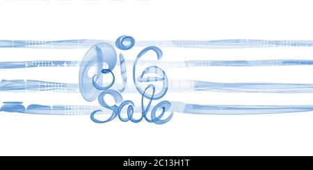 Big vendita scritta scritta con fumo blu o fiamma su sfondo astratto bianco a strisce Foto Stock