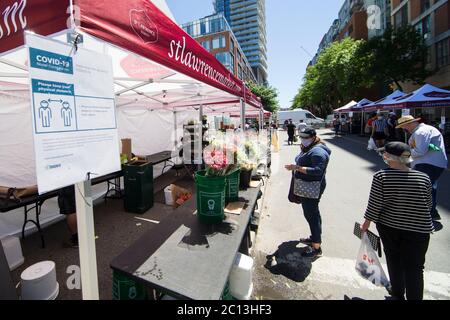 Toronto, Canada. 13 Giugno 2020. Le persone che indossano maschere facciali negozio in un mercato all'aperto a Toronto, Canada, il 13 giugno 2020. Alcuni mercati agricoli a Toronto riaprirono sabato in mezzo alla pandemia COVID-19. Credit: Zou Zheng/Xinhua/Alamy Live News Foto Stock