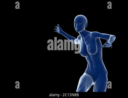 Slim attraente sportivo che corre su uno sfondo nero. illustrazione 3d Foto Stock
