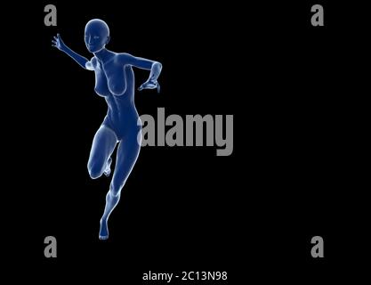 Slim attraente sportivo che corre su uno sfondo nero. illustrazione 3d Foto Stock