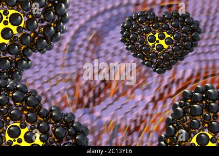 cuori neri fatti di sfere con riflessi e volanti su bacground astratto cilindrico. Felice giornata di valentine illustri 3d Foto Stock