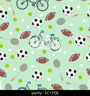 Diversi inventari sportivi su sfondo turchese, motivo vettoriale senza cuciture in stile piatto. Design tessile o da tappezzeria Illustrazione Vettoriale