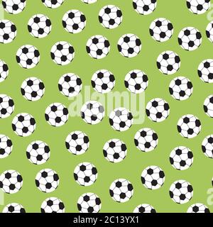 Modello vettoriale senza giunture con palline da calcio su sfondo verde. Carta da parati per lo sport di squadra, carta da imballaggio, design in tessuto Illustrazione Vettoriale