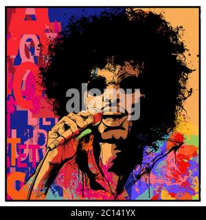 Cantante rock star anni Settanta - illustrazione vettoriale (ideale per la stampa su tessuto o carta, poster o carta da parati, decorazione della casa) il ritratto è totall Illustrazione Vettoriale