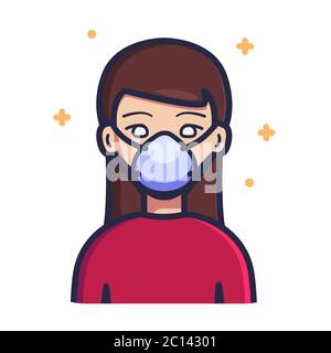 Donna che indossa maschera facciale N99 illustrazione vettoriale. Concetto di icona della persona Bianco isolato. Stile cartoon piatto Illustrazione Vettoriale