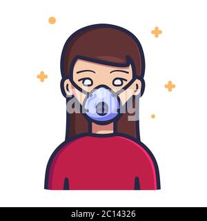Donna che indossa maschera facciale N99 illustrazione vettoriale. Concetto di icona della persona Bianco isolato. Stile cartoon piatto Illustrazione Vettoriale
