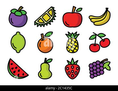 Set di icone di frutta, Mango, Durian, Grape, Tongmo, Limone, ananas, Ciliegio, Arancio, fragola, frutta tropicale, disegno vettoriale. Illustrazione Vettoriale