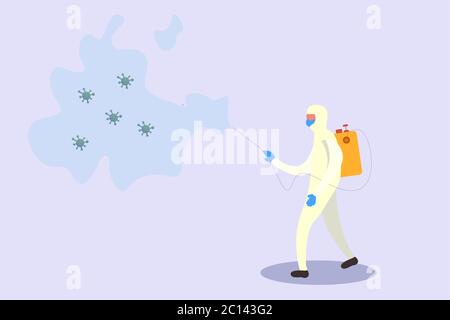 Persone in tuta protettiva o Abbigliamento, spray per la pulizia e disinfezione del virus, Covid-19, malattia di Coronavirus, misure preventive. Illustrazione vettoriale. Illustrazione Vettoriale