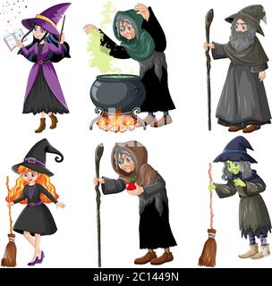 Set di wizard o streghe con strumenti magici stile cartoon isolato su sfondo bianco illustrazione Illustrazione Vettoriale