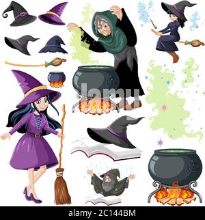 Set di wizard o streghe e strumenti magici stile cartoon isolato su sfondo bianco illustrazione Illustrazione Vettoriale