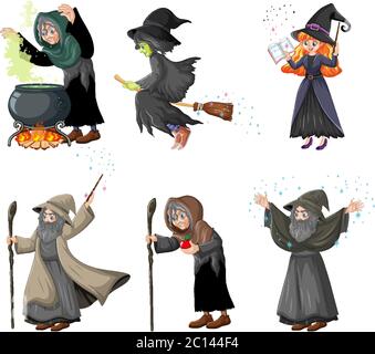 Set di wizard o streghe con strumenti magici stile cartoon isolato su sfondo bianco illustrazione Illustrazione Vettoriale