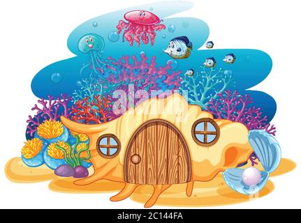 Casa di conchiglia e foca in stile cartone animato subacqueo su sfondo bianco illustrazione Illustrazione Vettoriale