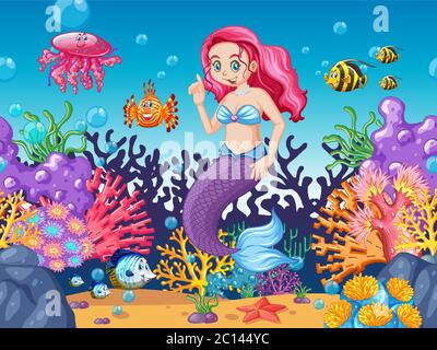 Sirena e animale marino tema stile cartone animato sotto mare illustrazione di sfondo Illustrazione Vettoriale