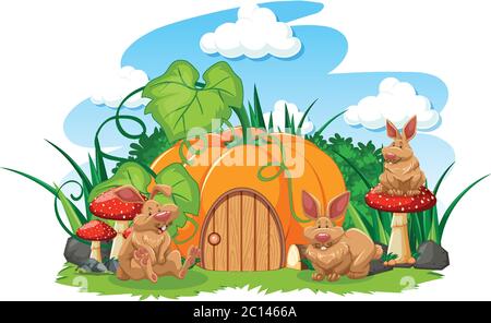 Casa di zucca con tre stili di coniglio cartone animato su sfondo bianco illustrazione Illustrazione Vettoriale