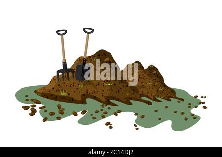 Pila di terreno isolato su sfondo bianco. Forchetta e pala in un mucchio di terreno. Cumulo di substrato, humus, fertilizzante, composto. Zero sprechi. Vettore Illustrazione Vettoriale