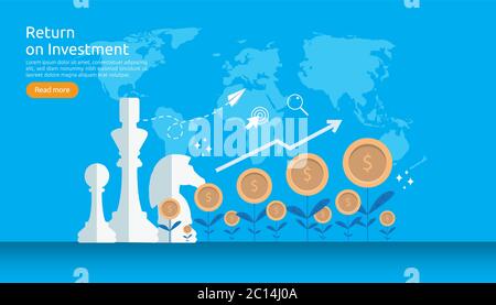 ROI dell'investimento di ritorno o concetto di finanza di affari di crescita. Aumento di profitto che allunga in su. Vettore di stile piatto illustrazione dei dati di mercato Illustrazione Vettoriale