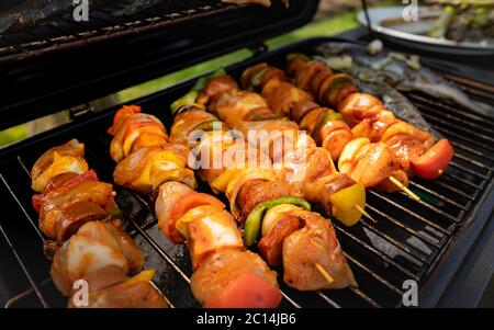 Deliziosi spiedini di carne e verdure grigliate in una marinata di erbe alla griglia, all'esterno. Gustosi piatti arrostiti sugli spiedini Foto Stock