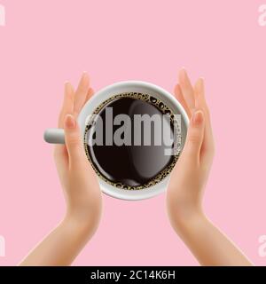 Tazza di caffè in mani. Vista dall'alto della tazza di caffè nelle mani. Illustrazione 3D realistica. Isolato su sfondo rosa. Foto Stock