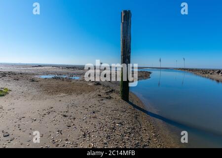 Insenature maree nel mare di wadden con bassa marea, Mare del Nord vicino all'isola di Neuwerk, Stato federale di Amburgo, Germania del Nord, Patrimonio Mondiale dell'UNESCO Foto Stock