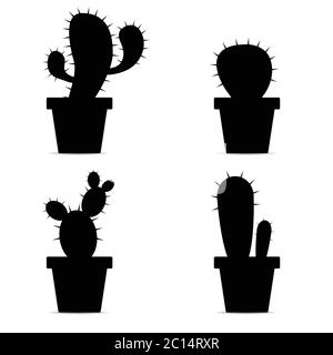 cactus in pentole nero silhouette vettoriale illustrazione su bianco Illustrazione Vettoriale