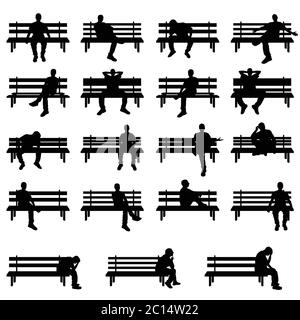 silhouette uomo seduta sul banco in nero illustrazione d'arte Illustrazione Vettoriale