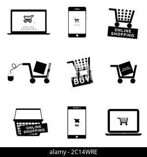 icona di shopping online imposta l'illustrazione in nero Illustrazione Vettoriale